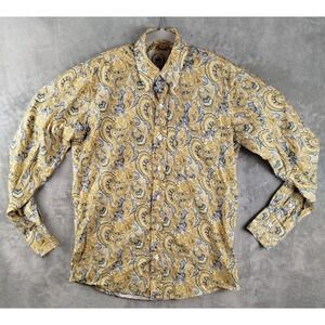 Relco London Mustard/Blue Paisley Button Collar Shirt Mens M Long Sleeve